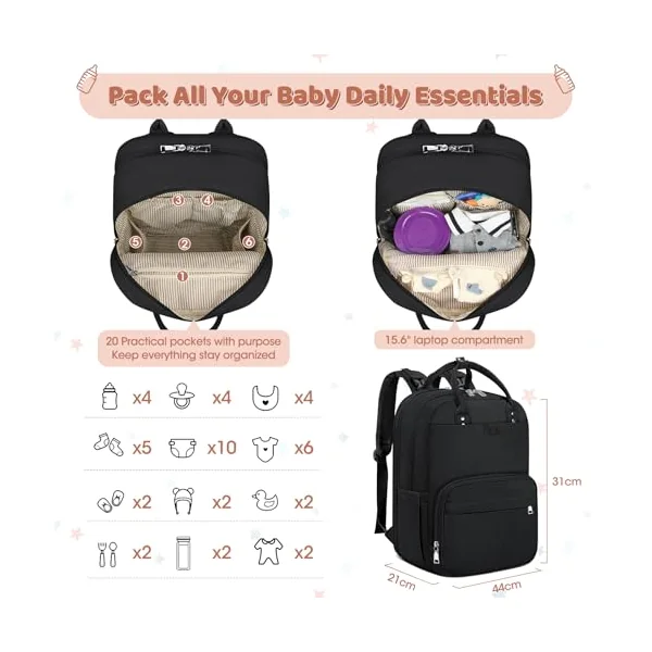 Baby Changing Bag Backpack with Portable Changing Mat Waterproof Nappy Bag Multifunction Baby Diaper Bags Large Rucksack Bag for Mom & Dad Black