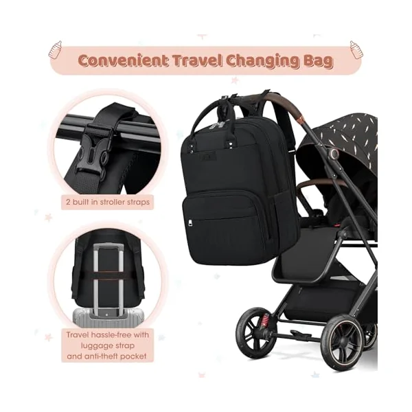 Baby Changing Bag Backpack with Portable Changing Mat Waterproof Nappy Bag Multifunction Baby Diaper Bags Large Rucksack Bag for Mom & Dad Black