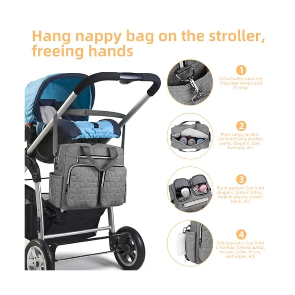 Baby Changing Bag, Nappy Bag Tote Multifunction Nappy Bags, Diaper Messenger with Stroller Straps and Insulated Pockets, Portable Waterproof and Large Capacity Mommy Diaper Tote for Mum and Dad