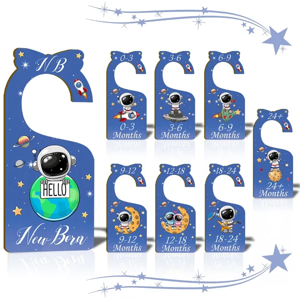 Baby Closet Dividers for Clothes Organizer - Set of 8 Wooden Double-Sided Blue Baby Clothes Size Hanger Organizer from Newborn to 24 Months for Daycare Wardrobe, Boy Nursery Decor