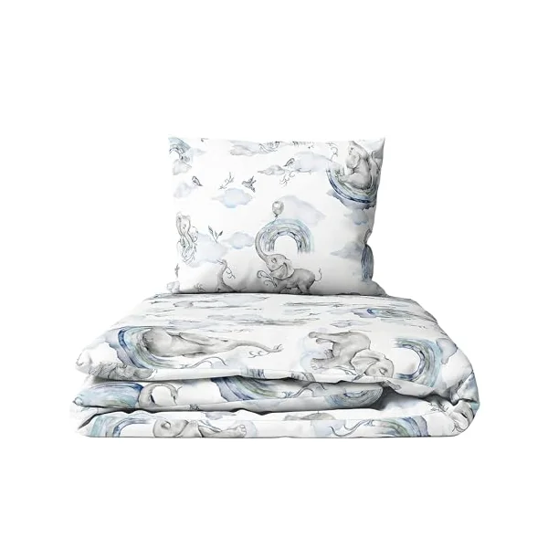 Baby Comfort 2-Piece Toddler Duvet & Pillow Set - 120x90 cm - 100% Cotton Breathable Fabric - Machine Washable Quilted Bedding for Cot Bed 12M+ (Blue Elephants)
