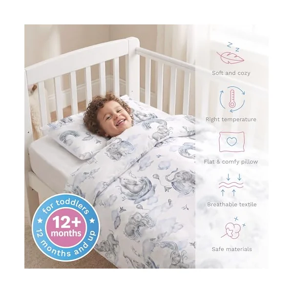 Baby Comfort 2-Piece Toddler Duvet & Pillow Set - 120x90 cm - 100% Cotton Breathable Fabric - Machine Washable Quilted Bedding for Cot Bed 12M+ (Blue Elephants)