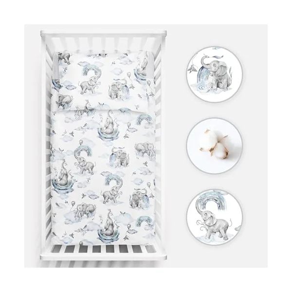 Baby Comfort 2-Piece Toddler Duvet & Pillow Set - 120x90 cm - 100% Cotton Breathable Fabric - Machine Washable Quilted Bedding for Cot Bed 12M+ (Blue Elephants)