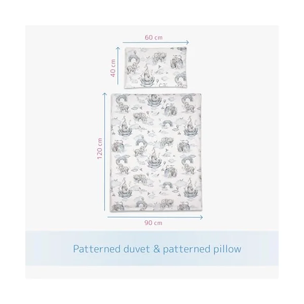 Baby Comfort 2-Piece Toddler Duvet & Pillow Set - 120x90 cm - 100% Cotton Breathable Fabric - Machine Washable Quilted Bedding for Cot Bed 12M+ (Blue Elephants)