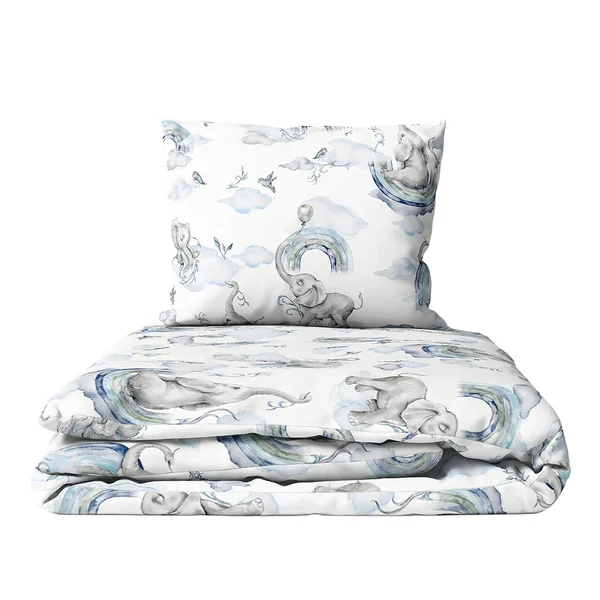 Baby Comfort 2-Piece Toddler Duvet & Pillow Set - 120x90 cm - 100% Cotton Breathable Fabric - Machine Washable Quilted Bedding for Cot Bed 12M+ (Blue Elephants)