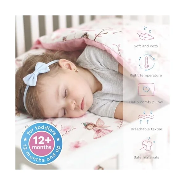 Baby Comfort 4 Piece Duvet Pillow Duvet Cover Pillowcase 80x70 cm Bedding Set for Crib Bedside Crib or Travel Cot 12M+ (Fairies)