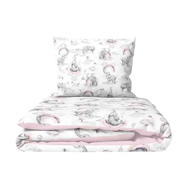 Baby Comfort 4 Piece Duvet Pillow Duvet Cover Pillowcase 80x70 cm Bedding Set for Crib Bedside Crib or Travel Cot 12M+ (Pink Elephants)