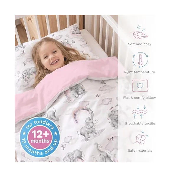 Baby Comfort 4 Piece Duvet Pillow Duvet Cover Pillowcase 80x70 cm Bedding Set for Crib Bedside Crib or Travel Cot 12M+ (Pink Elephants)
