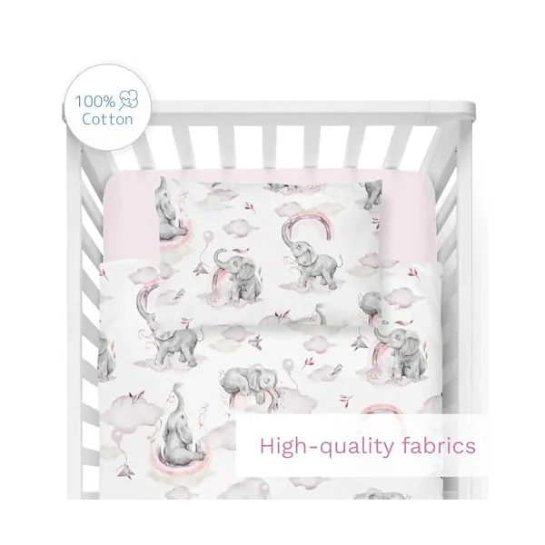 Baby Comfort 4 Piece Duvet Pillow Duvet Cover Pillowcase 80x70 cm Bedding Set for Crib Bedside Crib or Travel Cot 12M+ (Pink Elephants)