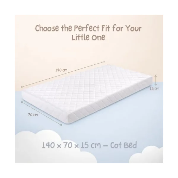 Baby Cot Mattress 140 x 70 x 15 cm - Firm, Breathable & Hypoallergenic - Waterproof with Removable Zipped Cover - Washable Crib Mattress for Newborns, Babies & Toddlers