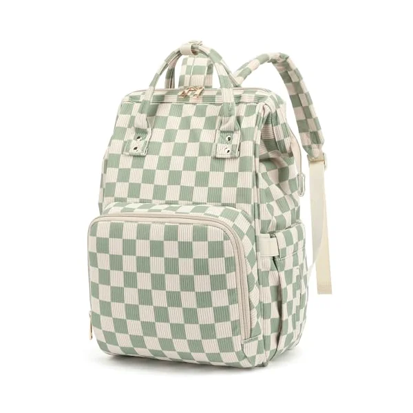 Baby Diaper Bag Backpack for Mom, Large Capacity Travel Nappy Bag for Boys & Girls with Stroller Straps (Corduroy Checkered Green)