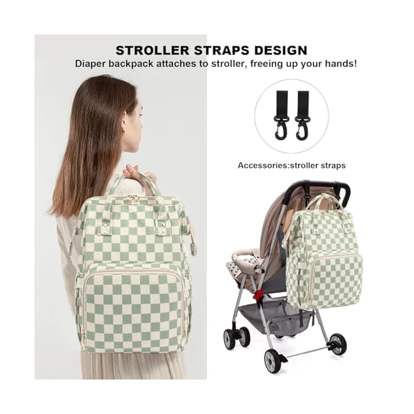 Baby Diaper Bag Backpack for Mom, Large Capacity Travel Nappy Bag for Boys & Girls with Stroller Straps (Corduroy Checkered Green)