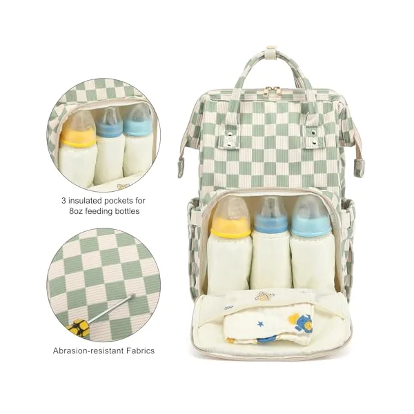 Baby Diaper Bag Backpack for Mom, Large Capacity Travel Nappy Bag for Boys & Girls with Stroller Straps (Corduroy Checkered Green)