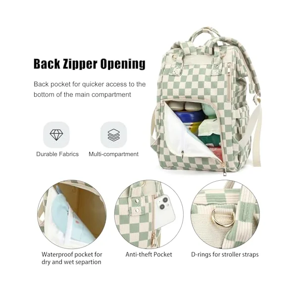 Baby Diaper Bag Backpack for Mom, Large Capacity Travel Nappy Bag for Boys & Girls with Stroller Straps (Corduroy Checkered Green)