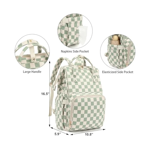 Baby Diaper Bag Backpack for Mom, Large Capacity Travel Nappy Bag for Boys & Girls with Stroller Straps (Corduroy Checkered Green)