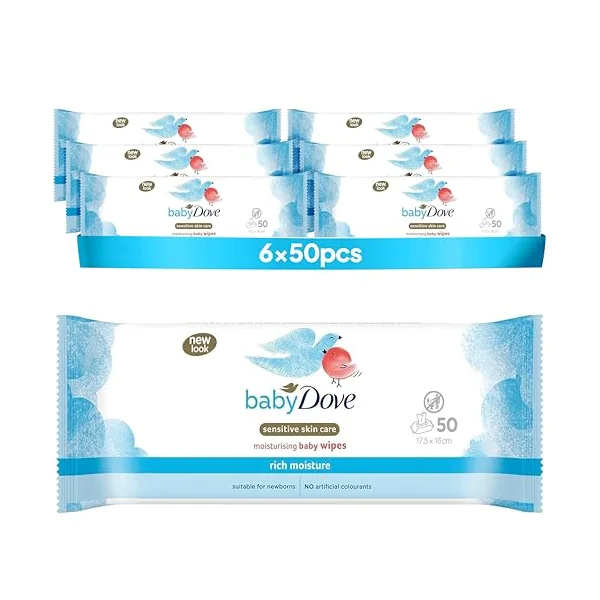 Baby Dove Sensitive Skin Care Baby Wipes, Rich Moisture - Soft Cleansing, Moisturising & Gentle Wet Tissue for Newborns & Infants, Perfect for Nursery & Travel Essentials, Resealable - Pack of 6