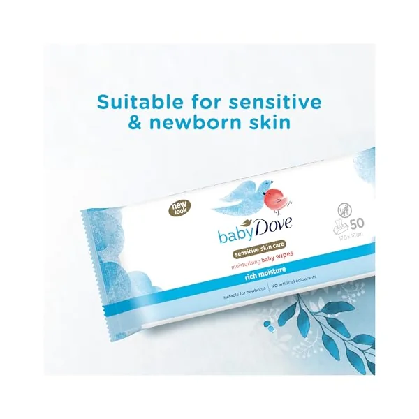 Baby Dove Sensitive Skin Care Baby Wipes, Rich Moisture - Soft Cleansing, Moisturising & Gentle Wet Tissue for Newborns & Infants, Perfect for Nursery & Travel Essentials, Resealable - Pack of 6