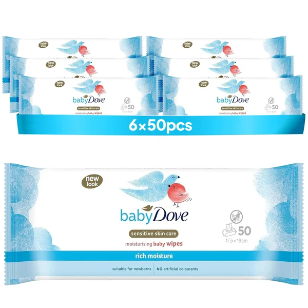 Baby Dove Sensitive Skin Care Baby Wipes, Rich Moisture - Soft Cleansing, Moisturising & Gentle Wet Tissue for Newborns & Infants, Perfect for Nursery & Travel Essentials, Resealable - Pack of 6