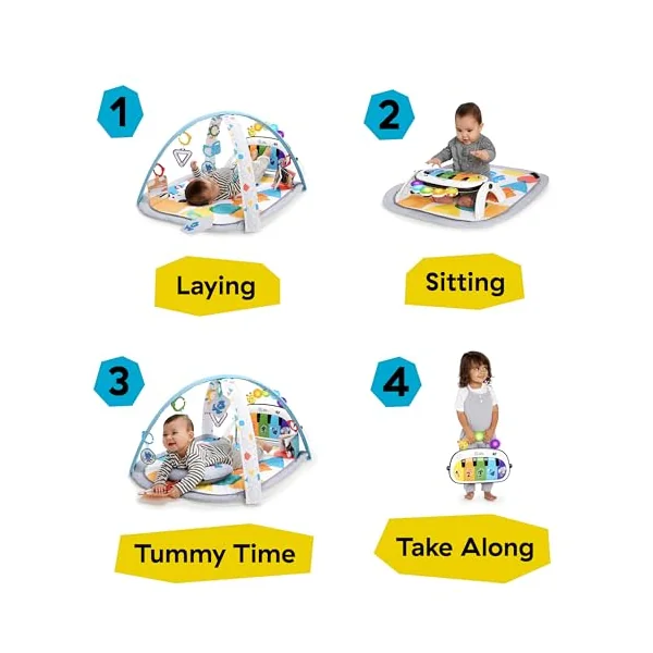 Baby Einstein 4-in-1 Kickin Tunes Play Gym, Tummy Time Baby Play Mat with Kick Piano, Music & Language Discovery, Sensory Toys, Lights & Sounds, for Newborns & Up