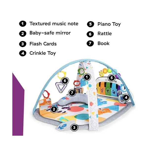 Baby Einstein 4-in-1 Kickin Tunes Play Gym, Tummy Time Baby Play Mat with Kick Piano, Music & Language Discovery, Sensory Toys, Lights & Sounds, for Newborns & Up