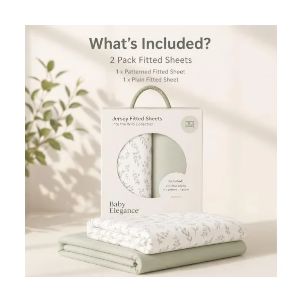 Baby Elegance Cot Bed Sheets, 120 x 60 cm Fitted, 2-Pack (Into the Wild) | Machine Washable, Ultra-Soft & Breathable Cotton, Premium-Quality Jersey, Hypoallergenic, Durable Quality, Includes 2 Sheets