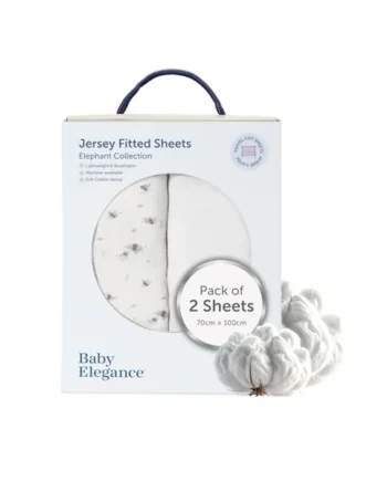Baby Elegance Travel Cot Sheets 70x100 cm, Fitted, 2-Pack (Elephant Design) | Machine Washable, Ultra-Soft & Breathable Cotton, Premium-Quality Jersey, Hypoallergenic, Durable Quality, Includes 2 Sheets