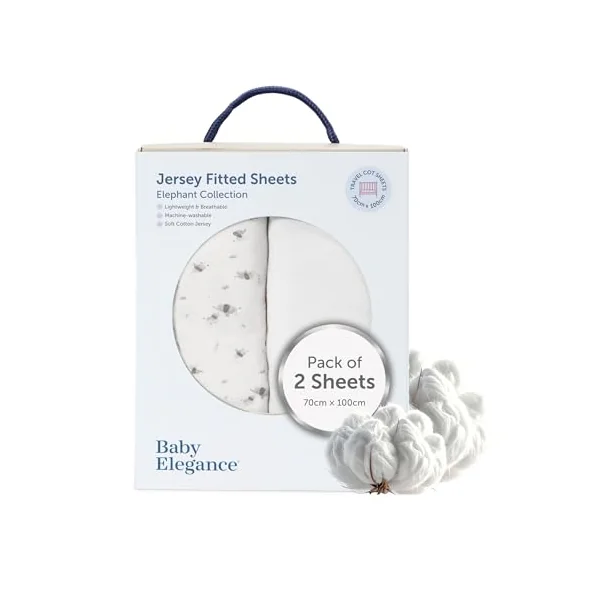 Baby Elegance Travel Cot Sheets 70x100 cm, Fitted, 2-Pack (Elephant Design) | Machine Washable, Ultra-Soft & Breathable Cotton, Premium-Quality Jersey, Hypoallergenic, Durable Quality, Includes 2 Sheets