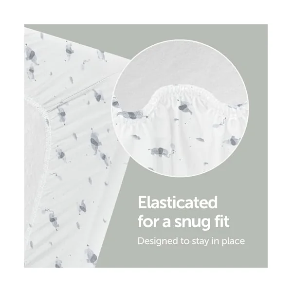 Baby Elegance Travel Cot Sheets 70x100 cm, Fitted, 2-Pack (Elephant Design) | Machine Washable, Ultra-Soft & Breathable Cotton, Premium-Quality Jersey, Hypoallergenic, Durable Quality, Includes 2 Sheets
