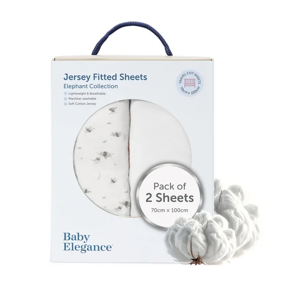 Baby Elegance Travel Cot Sheets 70x100 cm, Fitted, 2-Pack (Elephant Design) | Machine Washable, Ultra-Soft & Breathable Cotton, Premium-Quality Jersey, Hypoallergenic, Durable Quality, Includes 2 Sheets