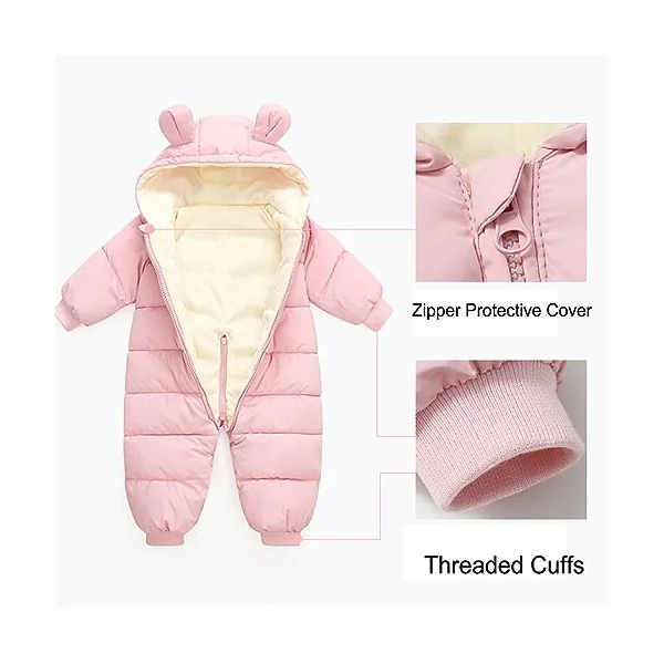 Baby Girls Boys Snowsuit Winter Coat Newborn Thick Zipper Jumpsuit Infant Windproof Hooded Fleece Romper Outerwear Pink 6-9 Months