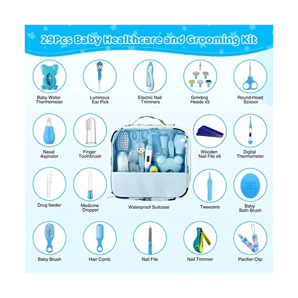 Baby Healthcare and Grooming Kit, 28PCS Upgraded Safety Care Kit, with Hair Brush Comb Nail Clippers and More for Newborn Infant Toddlers Baby (Blue)