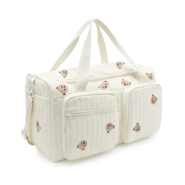 Baby Hospital Bag Baby Changing Bag Cotton Large, Hospital Maternity Bag Nappy Bag for Mum, Embroidered Pram Bag with Multiple Pockets, Travel Changing Overnight Tote