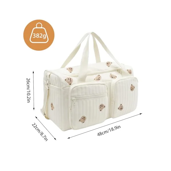 Baby Hospital Bag Baby Changing Bag Cotton Large, Hospital Maternity Bag Nappy Bag for Mum, Embroidered Pram Bag with Multiple Pockets, Travel Changing Overnight Tote