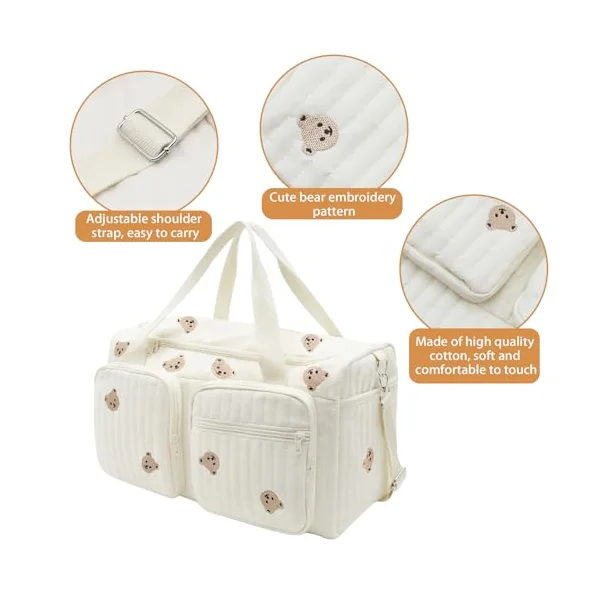 Baby Hospital Bag Baby Changing Bag Cotton Large, Hospital Maternity Bag Nappy Bag for Mum, Embroidered Pram Bag with Multiple Pockets, Travel Changing Overnight Tote