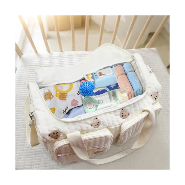 Baby Hospital Bag Baby Changing Bag Cotton Large, Hospital Maternity Bag Nappy Bag for Mum, Embroidered Pram Bag with Multiple Pockets, Travel Changing Overnight Tote