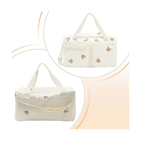 Baby Hospital Bag Baby Changing Bag Cotton Large, Hospital Maternity Bag Nappy Bag for Mum, Embroidered Pram Bag with Multiple Pockets, Travel Changing Overnight Tote