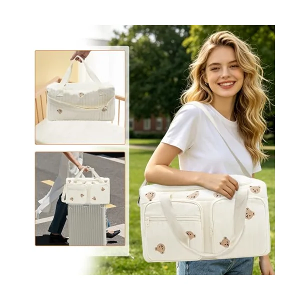 Baby Hospital Bag Baby Changing Bag Cotton Large, Hospital Maternity Bag Nappy Bag for Mum, Embroidered Pram Bag with Multiple Pockets, Travel Changing Overnight Tote