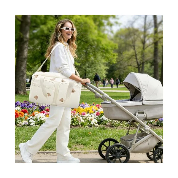 Baby Hospital Bag Baby Changing Bag Cotton Large, Hospital Maternity Bag Nappy Bag for Mum, Embroidered Pram Bag with Multiple Pockets, Travel Changing Overnight Tote