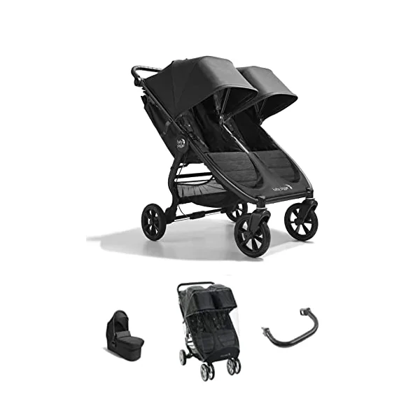 Baby Jogger City Mini GT2 Double All-Terrain Pushchair| with Infant Carrycot, Belly Bar and Weather Shield Rain Cover | Opulent Black