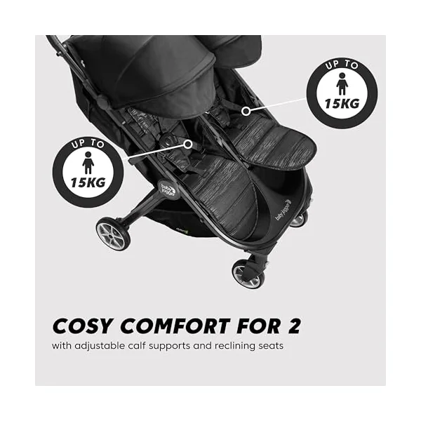 Baby Jogger City Tour 2 Double Travel Pushchair | Lightweight, Foldable & Portable Double Buggy | Pitch Black