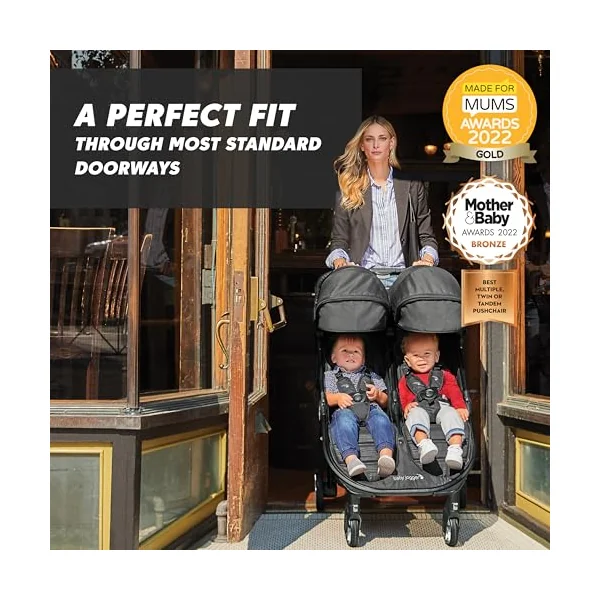Baby Jogger City Tour 2 Double Travel Pushchair | Lightweight, Foldable & Portable Double Buggy | Pitch Black