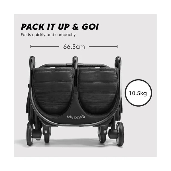 Baby Jogger City Tour 2 Double Travel Pushchair | Lightweight, Foldable & Portable Double Buggy | Pitch Black