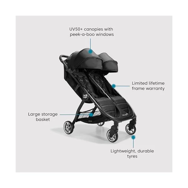 Baby Jogger City Tour 2 Double Travel Pushchair | Lightweight, Foldable & Portable Double Buggy | Pitch Black