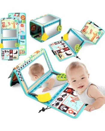 Baby Mirror Tummy Time, Tummy Time Mirror With Foldable Play Mat & Silicone Teether, Light Blue