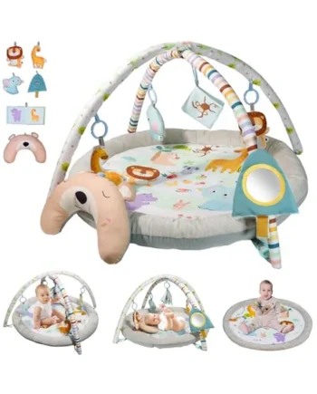 Baby Play Mat, Baby Play Gym,Plush Play Mat with 6 Toys and Moon Pillow,Foldable Detachable Zoo Design Baby Gym for Early Education Develop Motor&Cognition,Suitable for Babies Aged 0-18 Months.