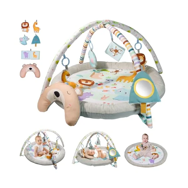 Baby Play Mat, Baby Play Gym,Plush Play Mat with 6 Toys and Moon Pillow,Foldable Detachable Zoo Design Baby Gym for Early Education Develop Motor&Cognition,Suitable for Babies Aged 0-18 Months.
