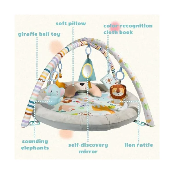 Baby Play Mat, Baby Play Gym,Plush Play Mat with 6 Toys and Moon Pillow,Foldable Detachable Zoo Design Baby Gym for Early Education Develop Motor&Cognition,Suitable for Babies Aged 0-18 Months.