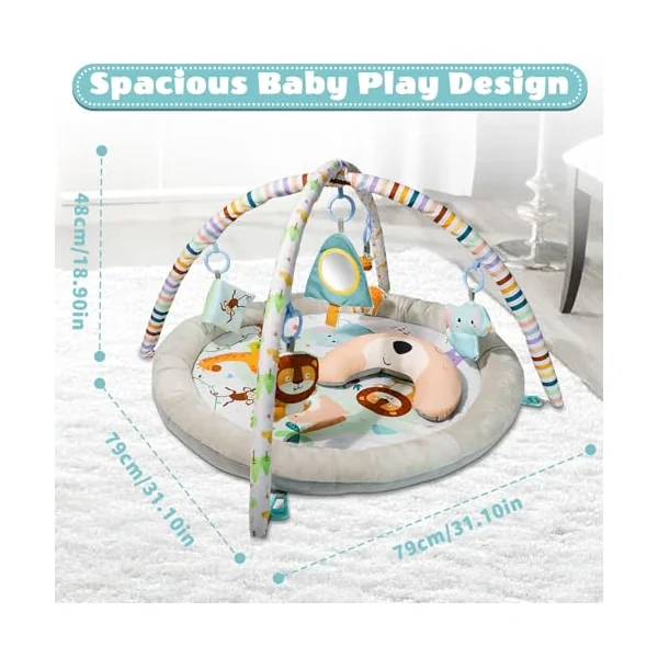 Baby Play Mat, Baby Play Gym,Plush Play Mat with 6 Toys and Moon Pillow,Foldable Detachable Zoo Design Baby Gym for Early Education Develop Motor&Cognition,Suitable for Babies Aged 0-18 Months.
