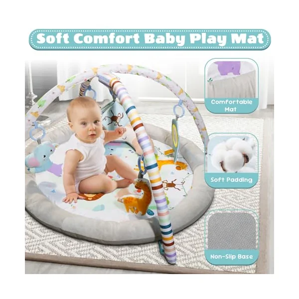 Baby Play Mat, Baby Play Gym,Plush Play Mat with 6 Toys and Moon Pillow,Foldable Detachable Zoo Design Baby Gym for Early Education Develop Motor&Cognition,Suitable for Babies Aged 0-18 Months.