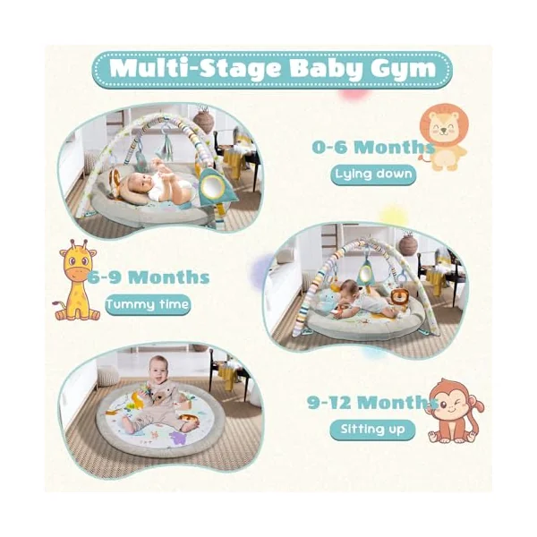 Baby Play Mat, Baby Play Gym,Plush Play Mat with 6 Toys and Moon Pillow,Foldable Detachable Zoo Design Baby Gym for Early Education Develop Motor&Cognition,Suitable for Babies Aged 0-18 Months.